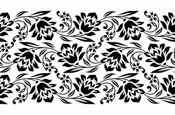 Seamless black and white rose flower border
