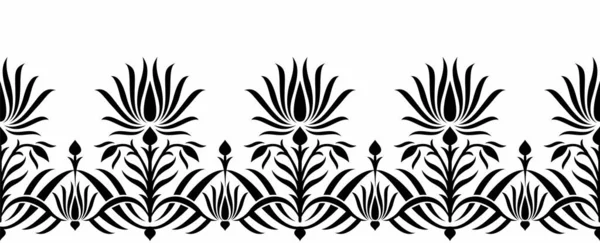 Borda Floral Lótus Tribal Preto Branco Sem Costura —  Vetores de Stock