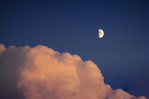 Sky with pink clouds and half moon — Stock Photo, Image