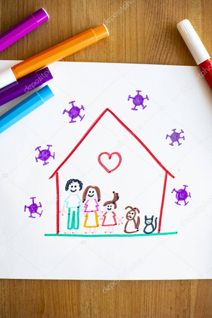 Little child's drawing, on wooden background with color pens around, representing she and her family and pets happy at home during covid-19 lockdown for coronavirus pandemic, with viruses outside of their house. Vertical shot.