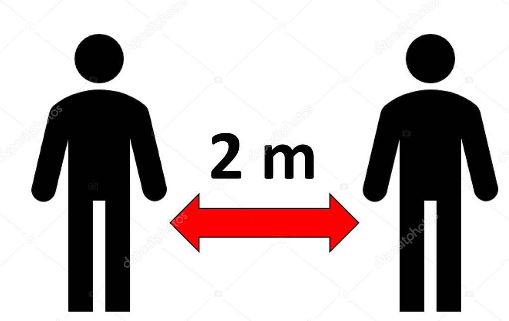 Simple image symbolizing the measure of the social distance to keep between two people to avoid covid-19 contagion during the 2020 coronavirus pandemic (2 meters). Social distancing example, sign.