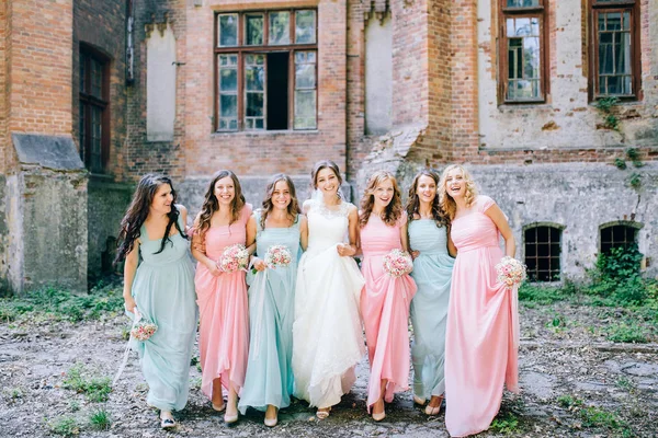 Front View Tender Bride Smiling Bridesmaids Dressed Long Elegant Dresses — Stock Photo, Image