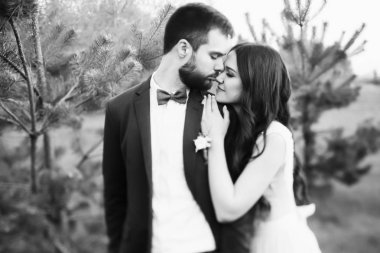 mutlu genç gelin ve damat açık havada kucaklayan 