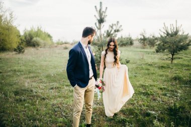 Genç çift Glade üzerinde yürüme 