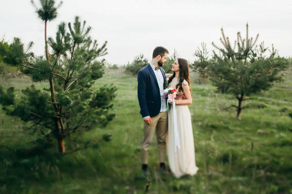 Glückliche Junge Braut Und Bräutigam Umarmen Sich Freien — Stockfoto