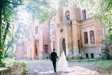 Mutlu evlilik çift eski muhteşem kale yürüyüş