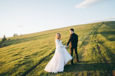 açık havada elele yeni evli genç Çift