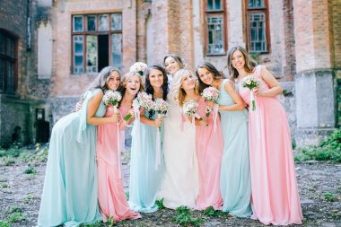tender bride with smiling bridesmaids dressed in long elegant dresses clipart
