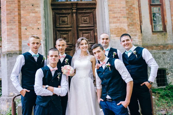 Tender Bride Smiling Groomsmen Posing — Stock Photo, Image