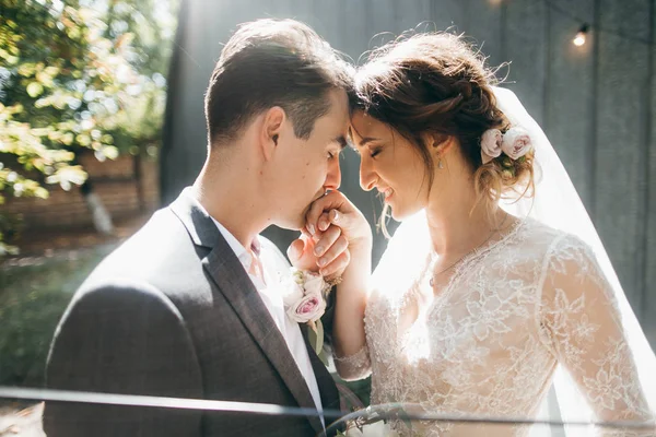 Jeune Couple Jeunes Mariés Posant Marié Baisant Main Mariée — Photo