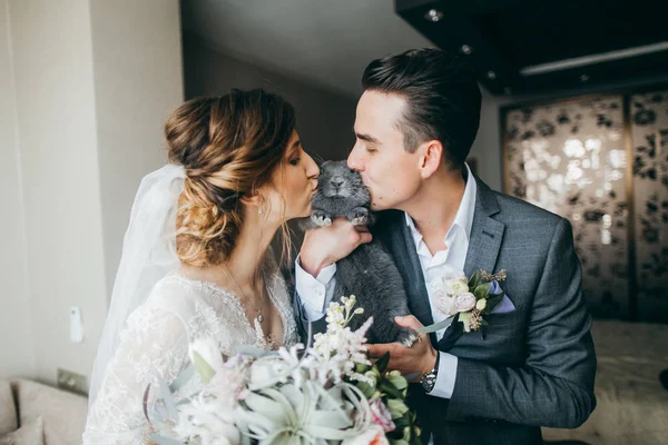 Jonge Gelukkige Paar Voor Pasgetrouwden Poseren Met Konijn — Stockfoto