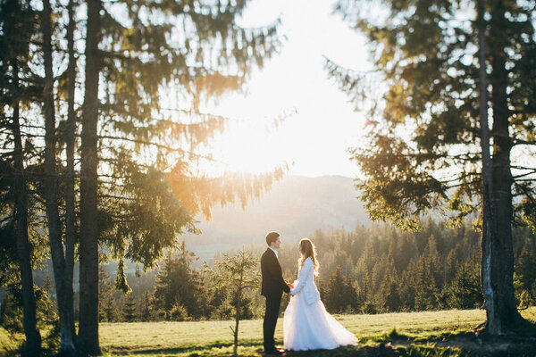 young couple of newlyweds holding hands outdoors