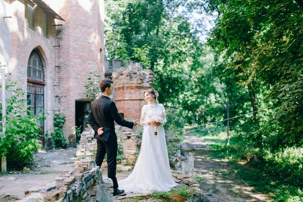 結婚式のカップルの素晴らしい古城近くのポーズ — ストック写真
