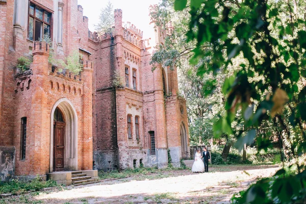Casamento Casal Andando Perto Velho Castelo Incrível — Fotografia de Stock