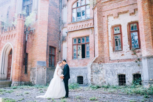 Pareja Boda Posando Cerca Del Viejo Castillo Increíble —  Fotos de Stock