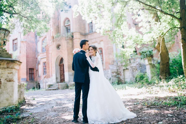 Pareja Boda Abrazando Cerca Del Antiguo Castillo Increíble —  Fotos de Stock