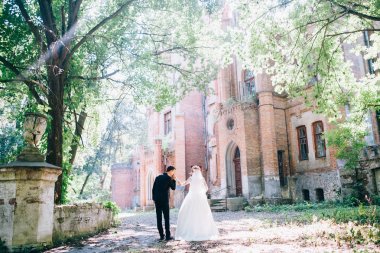 Eski muhteşem kale poz Düğün çifti. Damat gelinin el öpüşme