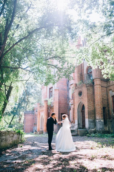 Svatební Pár Pózuje Staré Úžasné Hradu Líbání Ruky Nevěsty Ženicha — Stock fotografie