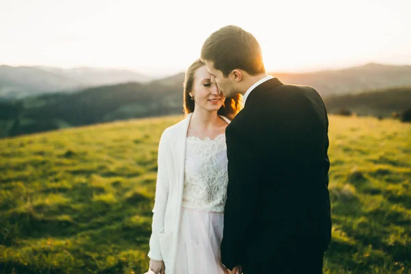 Jovem Casal Recém Casados Beijando Nas Montanhas — Fotografia de Stock