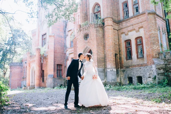結婚式のカップルが素晴らしい古城近くキス — ストック写真
