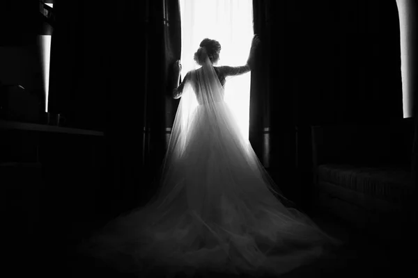 Giovane Bella Sposa Posa Camera — Foto Stock