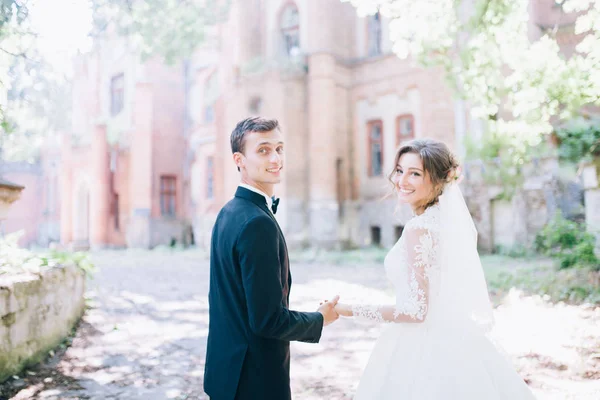 Pareja Feliz Boda Caminando Cerca Del Viejo Castillo Increíble —  Fotos de Stock