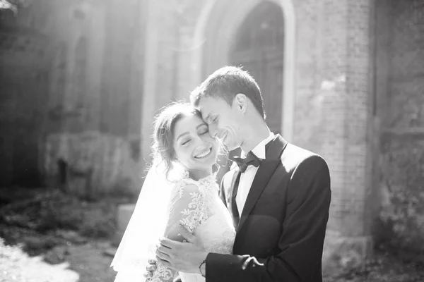 Couple Mariage Posant Près Vieux Château Étonnant — Photo