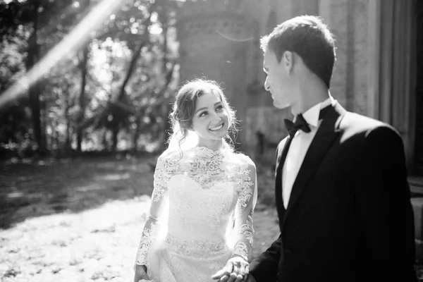 Casamento Casal Andando Perto Velho Castelo Incrível — Fotografia de Stock