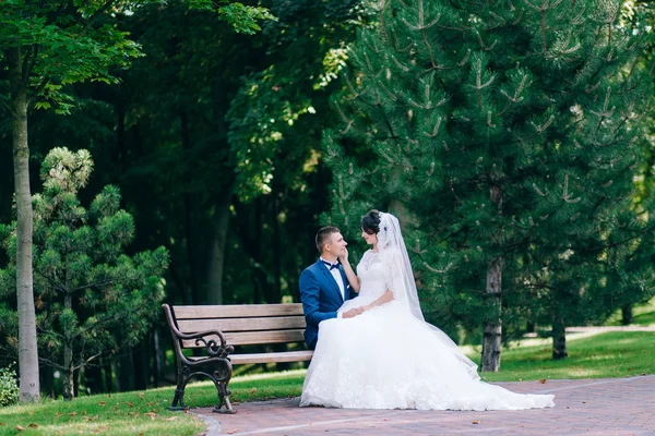 Junges Brautpaar Sitzt Auf Bank Frühlingsgarten — Stockfoto