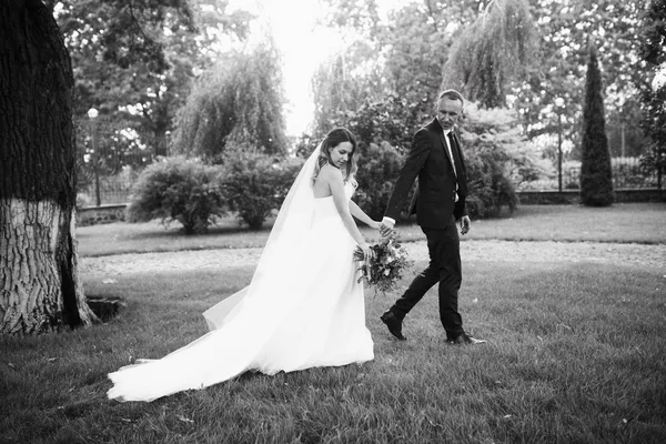 Vackert Par Nygifta Promenader Parken — Stockfoto