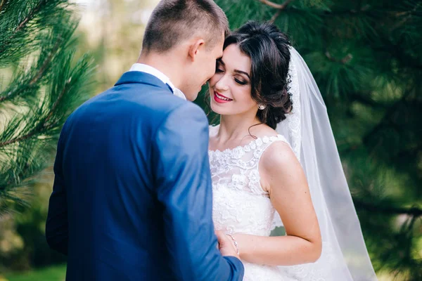 Jovem Casal Recém Casados Mãos Dadas Jardim Primavera — Fotografia de Stock