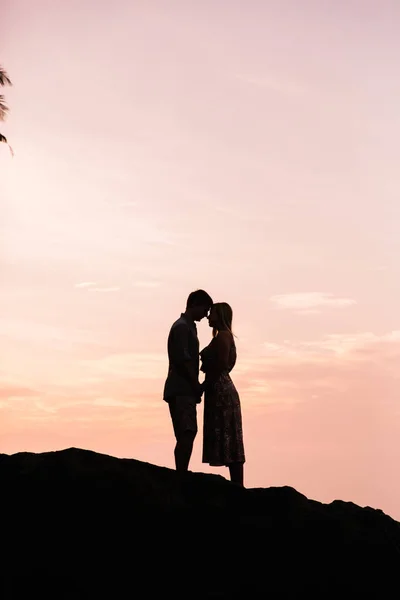 Silhouette Jeune Couple Heureux Sur Les Vacances Sri Lanka — Photo