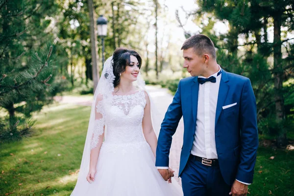 Jovem Casal Recém Casados Mãos Dadas Jardim Primavera — Fotografia de Stock