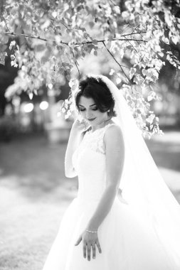 Genç güzel gelin dışarıda poz veriyor.