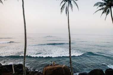 Mutlu genç çift sahilde tatil, Sri Lanka oturan