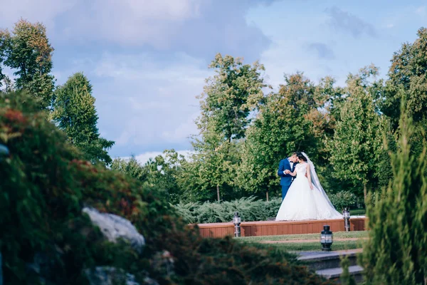 Jeune Couple Jeunes Mariés Embrasser Dans Jardin Printemps — Photo