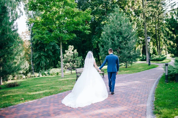 Hermosa Joven Pareja Recién Casados Caminando Aire Libre —  Fotos de Stock