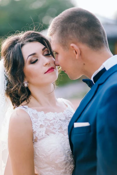 Belo Jovem Casal Recém Casados Posando Livre — Fotografia de Stock