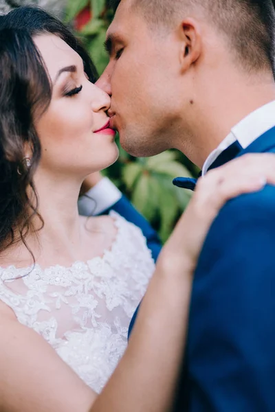 年轻漂亮的一对新婚夫妇接吻 — 图库照片