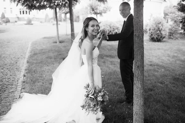 Hermosa Pareja Recién Casados Caminando Jardín — Foto de Stock