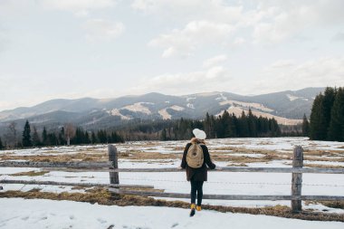 Genç kadın Gezgin dağlarda. Doğa