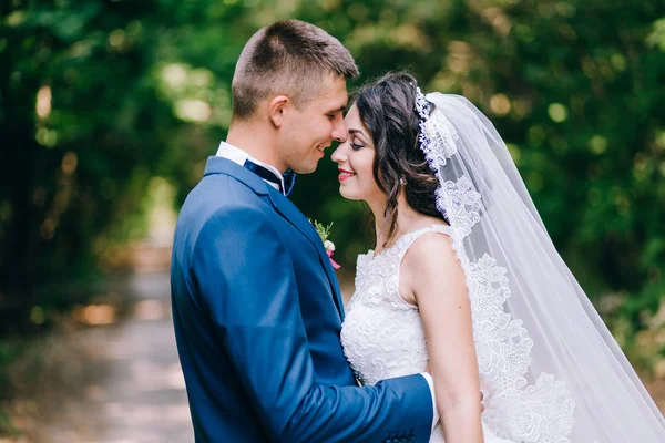 Schönes Brautpaar Umarmt Sich Garten — Stockfoto