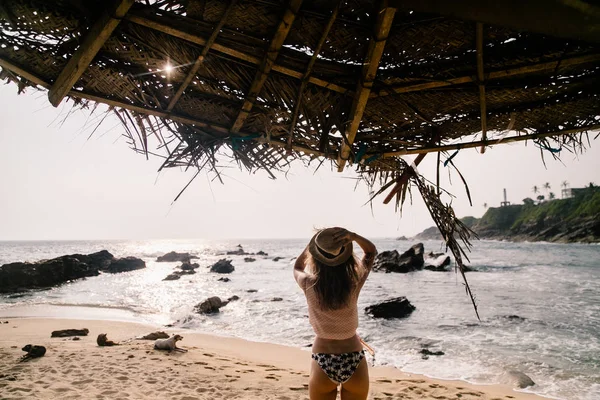 Молода Красива Жінка Позує Пляжі Вид Ззаду — стокове фото