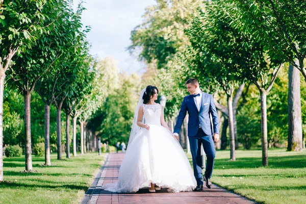 Hermosa Joven Pareja Recién Casados Caminando Aire Libre —  Fotos de Stock