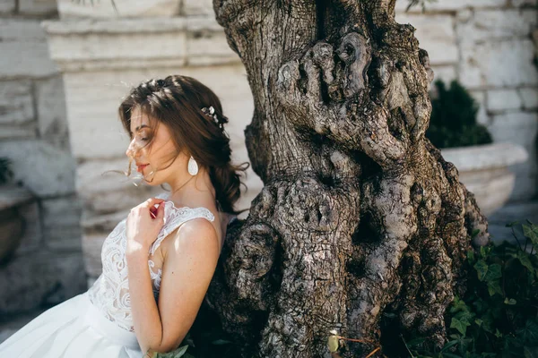 Jovem Bela Noiva Posando Por Árvore — Fotografia de Stock