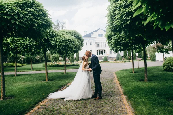 Schönes Brautpaar Küsst Sich Garten — Stockfoto
