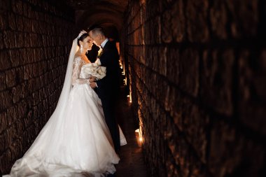 Güzel, genç bir çift yeni evli poz veriyor.