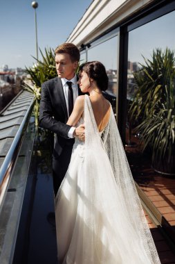 Güzel, genç bir çift yeni evli poz veriyor.