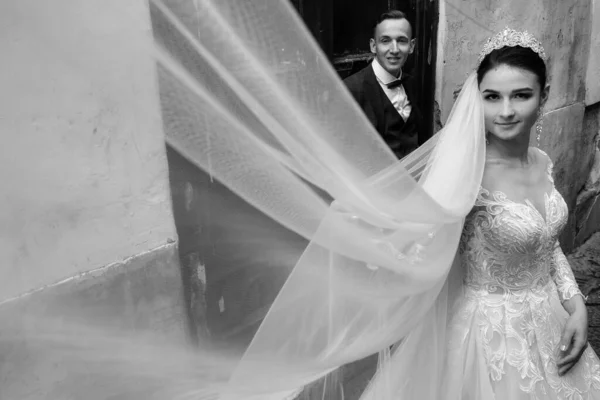 Belo Jovem Casal Recém Casados Posando — Fotografia de Stock