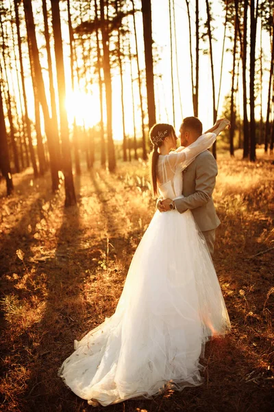 Lyckliga Par Unga Nygifta Skogen Omfamnar — Stockfoto